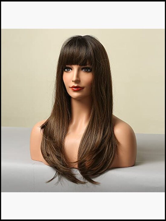 Long Straight Layered Wig with Bangs Heat Resistant Fiber Daily Natural Looking